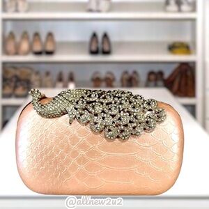 Pink Textured Crystal Peacock Clutch with shoulder chain